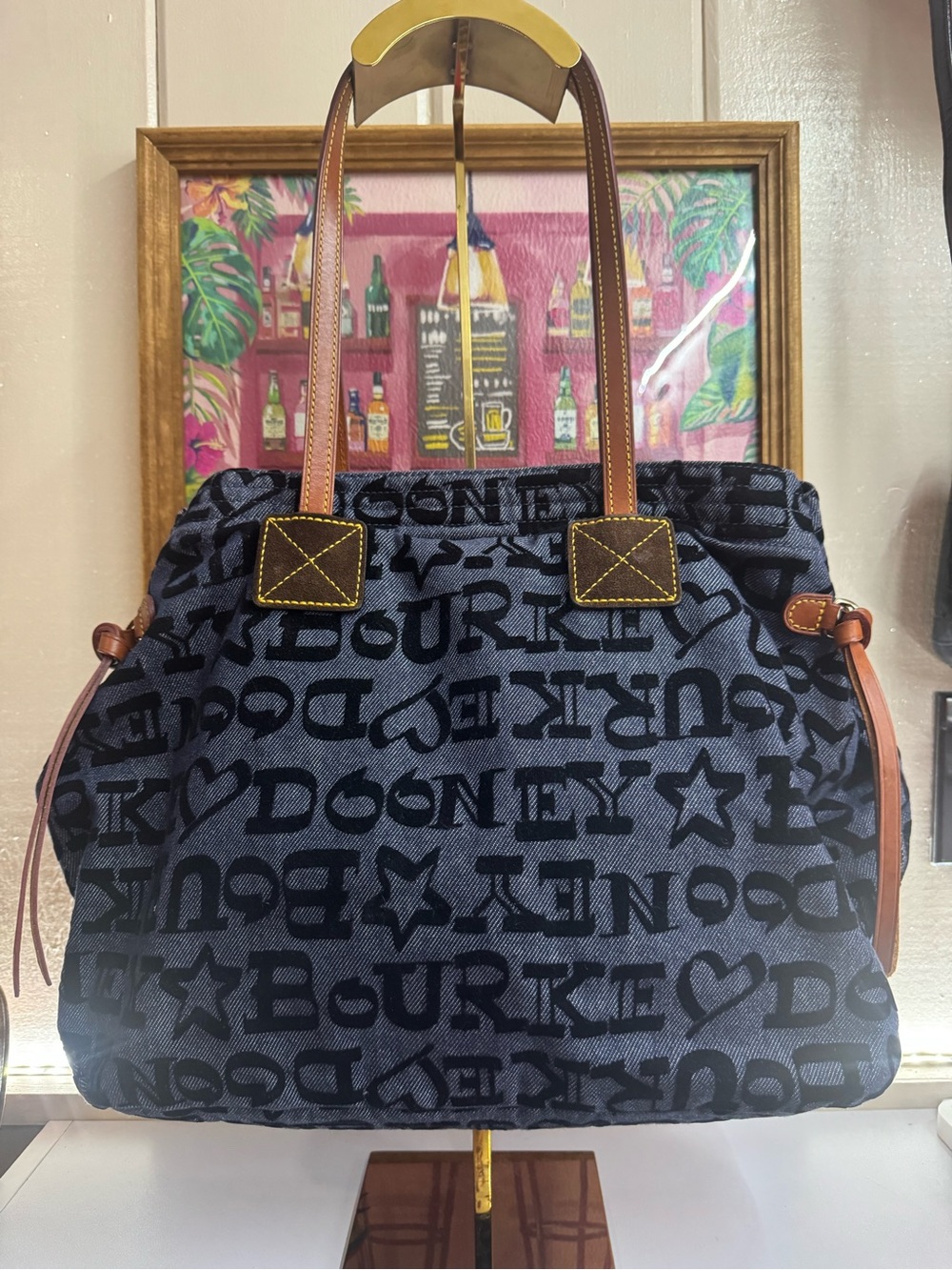 Dooney & Bourke DENIM Navy Logo Shoulder Tote with Brown Leather Trim & Strap